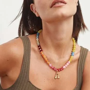 KissYan Initial Necklaces for Women, Colorful Beaded Gemstone Choker 14K Gold Bubble Letter Pendant Necklace Natural Stone Summer Beach Handmade Jewelry Gift(J)