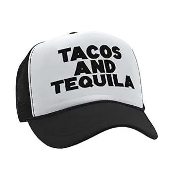 TEQUILAS and Tacos - Party time Mexican Food - Vintage Retro Style Trucker Cap Hat (Black)