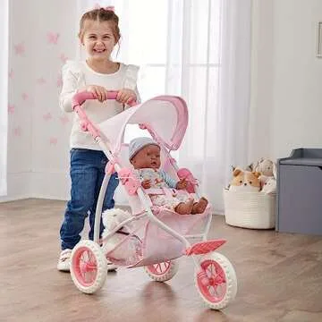 Badger Basket Folding Three-Wheel Doll Jogging Stroller for Dolls 18 to 22 Inches, Adhustable Handle...