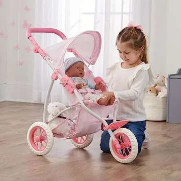 Badger Basket Folding Three-Wheel Doll Jogging Stroller for Dolls 18 to 22 Inches, Adhustable Handle - Lightweight, Easy Storage, Pink/Gingham Design with Safety Straps
