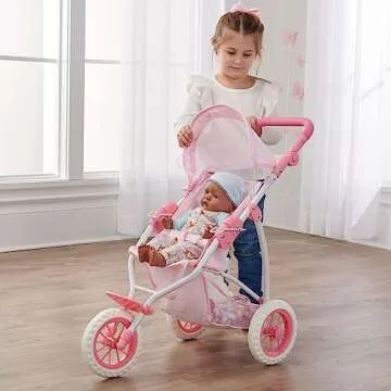 Badger Basket Folding Three-Wheel Doll Jogging Stroller for Dolls 18 to 22 Inches, Adhustable Handle - Lightweight, Easy Storage, Pink/Gingham Design with Safety Straps