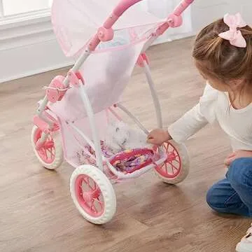 Badger Basket Folding Three-Wheel Doll Jogging Stroller for Dolls 18 to 22 Inches, Adhustable Handle - Lightweight, Easy Storage, Pink/Gingham Design with Safety Straps