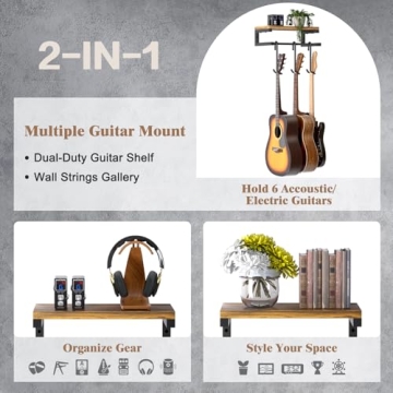 Keebofly Multiple Guitar Wall Mount Hangers for 3 Guitars with Rustic Shelf, 3-Detachable Hooks Univ...