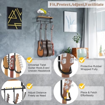 Keebofly Guitar Wall Hanger with Rustic Shelf for 3 Guitars