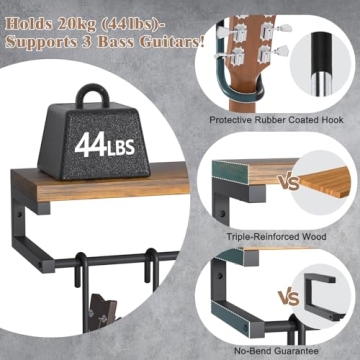 Keebofly Guitar Wall Hanger with Rustic Shelf for 3 Guitars
