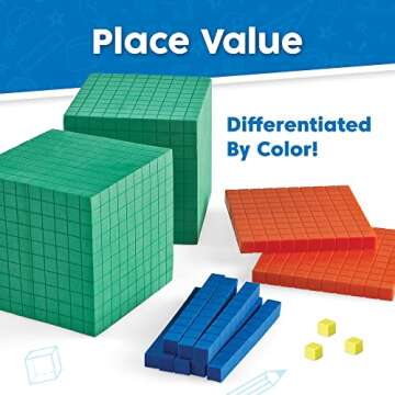 hand2mind Differentiated Plastic Base Ten Blocks Complete Set, Place Value Blocks, Counting Cubes, B...