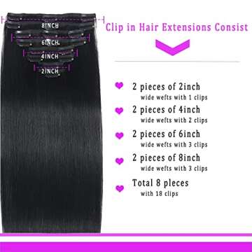 SIVSV Real Human Hair Extensions - 18 Inch, 3.6oz/100g Remy Natural Hair Clip Ins for Women - Seamless Clip on Hair Extensions - 8pcs Per Set - Double Weft - Jet Black