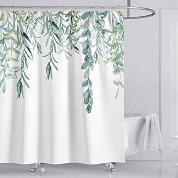 Muuyi Shower Curtain, Green Shower Curtains for Bathroom, 3D Printing Washable Waterproof Cloth Plant Leaf Fabric Shower Curtain with 12 Hooks 72 x 72 Inches (Willow)