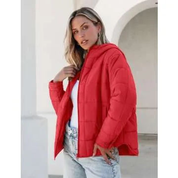 luvamia Quilted Puffer Jacket Women Women's Puffer Jacket Womens Jackets Fall Red Jackets for Women Fashion Winter Clothes for Women Women's Fall Clothes Cherry Tomato Large Fits Size 12 / Size 14