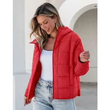 luvamia Quilted Puffer Jacket Women Women's Puffer Jacket Womens Jackets Fall Red Jackets for Women Fashion Winter Clothes for Women Women's Fall Clothes Cherry Tomato Large Fits Size 12 / Size 14