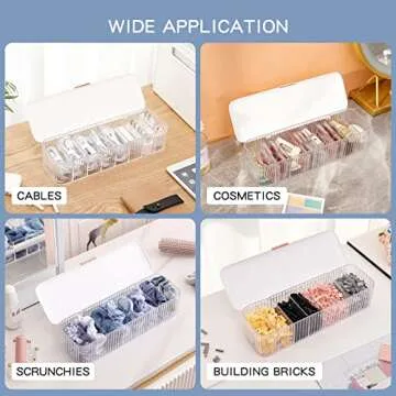 Yesesion 2 Pack Plastic Cable Management Box with Lid and 20 Wire Ties, Clear Cell Phone Cord Storage Organizer with 8 Compartments, Electronics Accessories Case for Home Office, Desk Drawer (White)