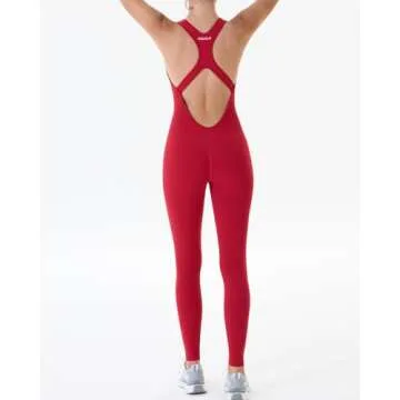 AUROLA Power Workout Jumpsuit for Women Yoga Gym Seamless One Piece Racerback Tummy Control Padded Bra Jumpsuit,Chili Red，S