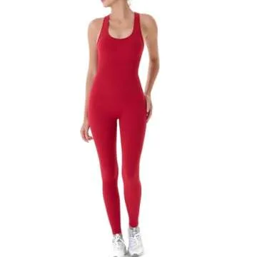AUROLA Power Workout Jumpsuit for Women Yoga Gym Seamless One Piece Racerback Tummy Control Padded Bra Jumpsuit,Chili Red，S