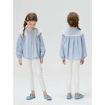 Mud Kingdom Girls Blouse Shirts Spring Fall Long Sleeve Button-Down Top Ruffle Collar