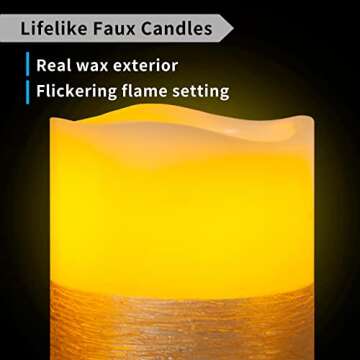 FURORA LIGHTING Gold Real Wax Trim Candles with Remote and Timer, Pack of 8 Pillar & Votive Candles, LED Flameless Flickering Candles for Home Décor, Battery Included