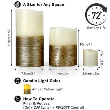 FURORA LIGHTING Gold Real Wax Trim Candles with Remote and Timer, Pack of 8 Pillar & Votive Candles, LED Flameless Flickering Candles for Home Décor, Battery Included