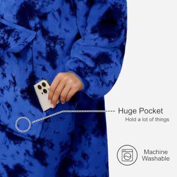 GOYYNA Wearable Blanket Hoodie, Oversized Sweatshirt Blanket Giant Hood Pocket and Sleeves for Adult, Warm &Cozy Hooded Blanket Gifts for Women Men Tie Dye Blue