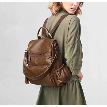 UTO Women Backpack Purse Leather Vegan Ladies Fashion Designer Rucksack Convertible Travel Shoulder Bag with Tassel Brown