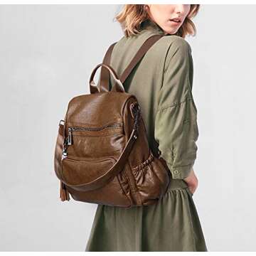 UTO Women Backpack Purse Leather Vegan Ladies Fashion Designer Rucksack Convertible Travel Shoulder Bag with Tassel Brown