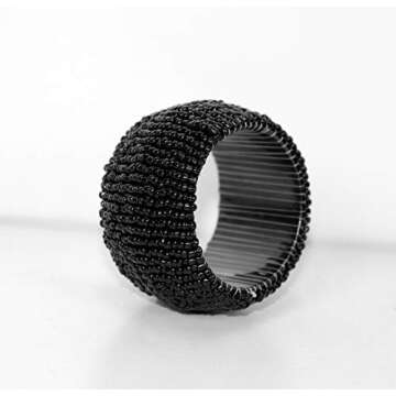 COTTON CRAFT Glitz Handmade Beaded Dining Table Napkin Rings - Set of 12 - Halloween Harvest Autumn Fall Thanksgiving Holiday Christmas Xmas Celebration Festive Party Gift Décor - Black