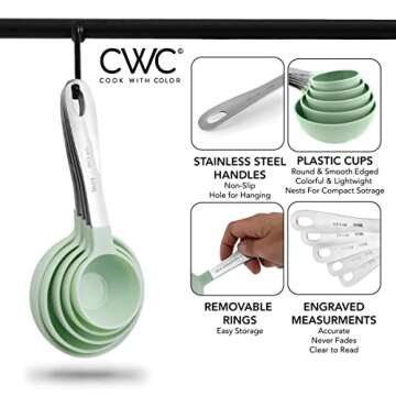 COOK WITH COLOR Measuring Cups Set and Measuring Spoon Set, Stainless Steel Handles, Nesting Kitchen Measuring Set, Liquid Measuring Cup Set, 12 PC Stainless Steel, Mint