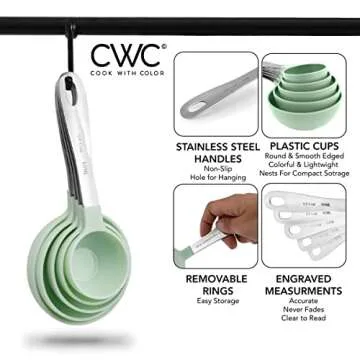 COOK WITH COLOR Measuring Cups Set and Measuring Spoon Set, Stainless Steel Handles, Nesting Kitchen Measuring Set, Liquid Measuring Cup Set, 12 PC Stainless Steel, Mint