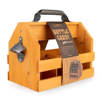 BARGIFTS 6-Bottle Wooden Caddy with Opener For Beer Lovers