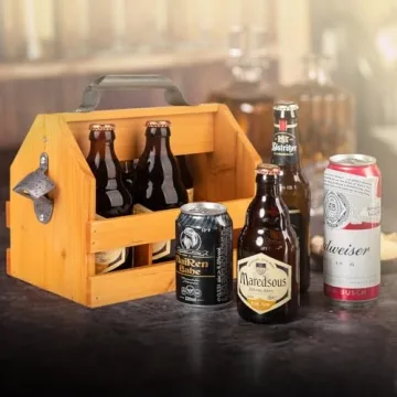 BARGIFTS 6-Bottle Wooden Caddy with Opener For Beer Lovers
