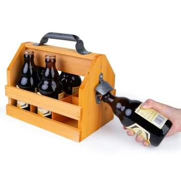 BARGIFTS 6-Bottle Wooden Caddy with Opener For Beer Lovers