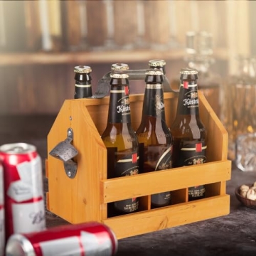 BARGIFTS 6-Bottle Wooden Caddy with Opener For Beer Lovers