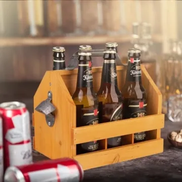 BARGIFTS 6-Bottle Wooden Caddy with Opener For Beer Lovers