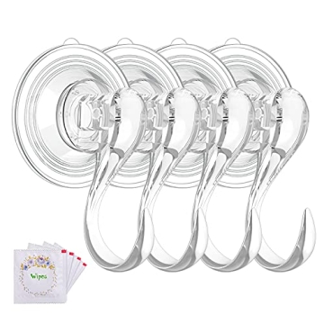 VIS'V Suction Cup Hooks - Reusable Heavy Duty Clear Bathroom Hooks, 4 Pcs