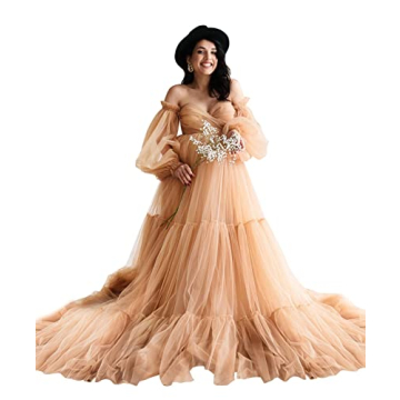 Midiluy Skin Maternity Dress Tulle Robe Pregnancy Dresses for Photoshoot Puffy Ruffles Bridal Linger...