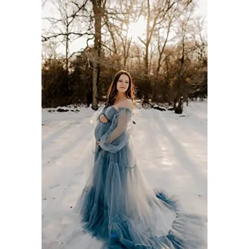 Midiluy Skin Maternity Dress Tulle Robe Pregnancy Dresses for Photoshoot Puffy Ruffles Bridal Lingerie Bathgown Sheer Wedding Scarf for Baby Shower Skin M