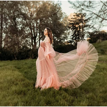 Midiluy Skin Maternity Dress Tulle Robe Pregnancy Dresses for Photoshoot Puffy Ruffles Bridal Lingerie Bathgown Sheer Wedding Scarf for Baby Shower Skin M