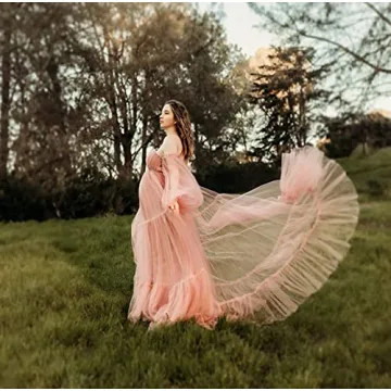 Midiluy Skin Maternity Dress Tulle Robe Pregnancy Dresses for Photoshoot Puffy Ruffles Bridal Lingerie Bathgown Sheer Wedding Scarf for Baby Shower Skin M