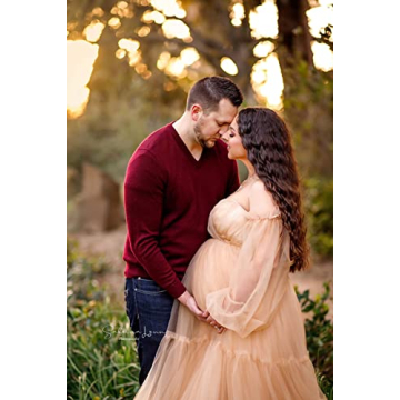 Midiluy Skin Maternity Dress Tulle Robe Pregnancy Dresses for Photoshoot Puffy Ruffles Bridal Lingerie Bathgown Sheer Wedding Scarf for Baby Shower Skin M
