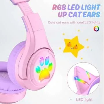 Riwbox CF9 Cat Ear Kids Bluetooth Headphones with LED Light Up,Safe 85dB Volume Limit,Built-in Mic&Boom Mic for Calls,Kids Wireless&Wired Headphones for Tablet/Airplane/School/Online Learning (Purple)
