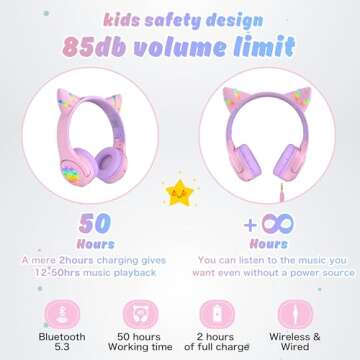 Riwbox CF9 Cat Ear Kids Bluetooth Headphones with LED Light Up,Safe 85dB Volume Limit,Built-in Mic&Boom Mic for Calls,Kids Wireless&Wired Headphones for Tablet/Airplane/School/Online Learning (Purple)