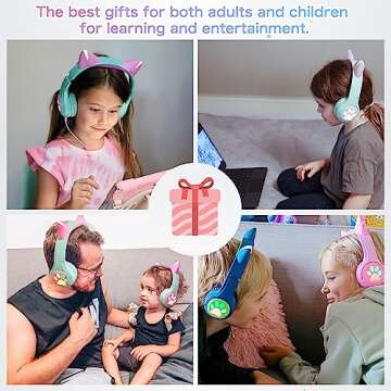 Riwbox CF9 Cat Ear Kids Bluetooth Headphones with LED Light Up,Safe 85dB Volume Limit,Built-in Mic&Boom Mic for Calls,Kids Wireless&Wired Headphones for Tablet/Airplane/School/Online Learning (Purple)