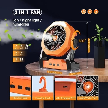 Ausic Camping Fan: Misting Portable Fan with Light & 250ml Tank