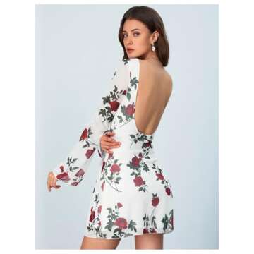 MakeMeChic Women's Leopard Print Dress Y2k Backless Mesh Bell Sleeve Mini Cheetah Print Dress Floral...