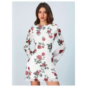 MakeMeChic Women's Leopard Print Dress Y2k Backless Mesh Bell Sleeve Mini Cheetah Print Dress Floral White and Red Small