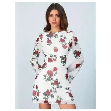 MakeMeChic Women's Leopard Print Dress Y2k Backless Mesh Bell Sleeve Mini Cheetah Print Dress Floral White and Red Small