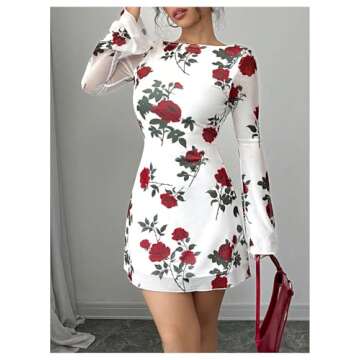 MakeMeChic Women's Leopard Print Dress Y2k Backless Mesh Bell Sleeve Mini Cheetah Print Dress Floral White and Red Small