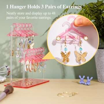 NiHome Glitter Acrylic Earring Holder with Unique Double-Tiered Design, Miniature Clothing Hangers with Spacious Storage for 48 Pairs, Mirror-Finish Display for Home Vanity & Retail Showrooms (Pink)