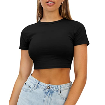 WYNNQUE Womens Crop Tops Cute Summer Scoop Neck Basic Tees Slim Fit Trendy Short Sleeve T Shirts for...