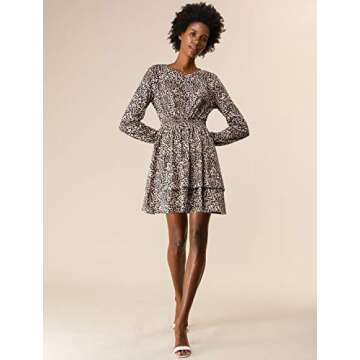 Allegra K Women's Leopard Print Round Neck Smock Waist Long Sleeve Ruffle Mini Dress Small Pink