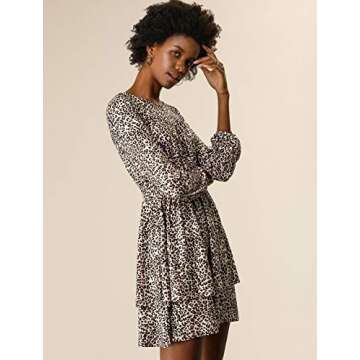 Allegra K Women's Leopard Print Round Neck Smock Waist Long Sleeve Ruffle Mini Dress Small Pink