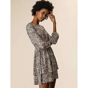 Allegra K Women's Leopard Print Round Neck Smock Waist Long Sleeve Ruffle Mini Dress Small Pink